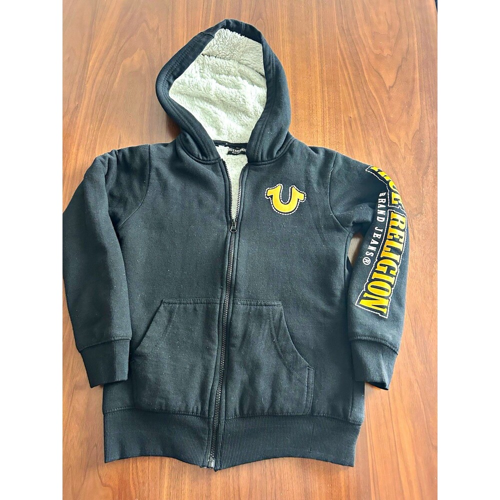 True Religion Unisex Kids Black Full Zip Sherpa Fleece Hoodie Logo 12-13Y